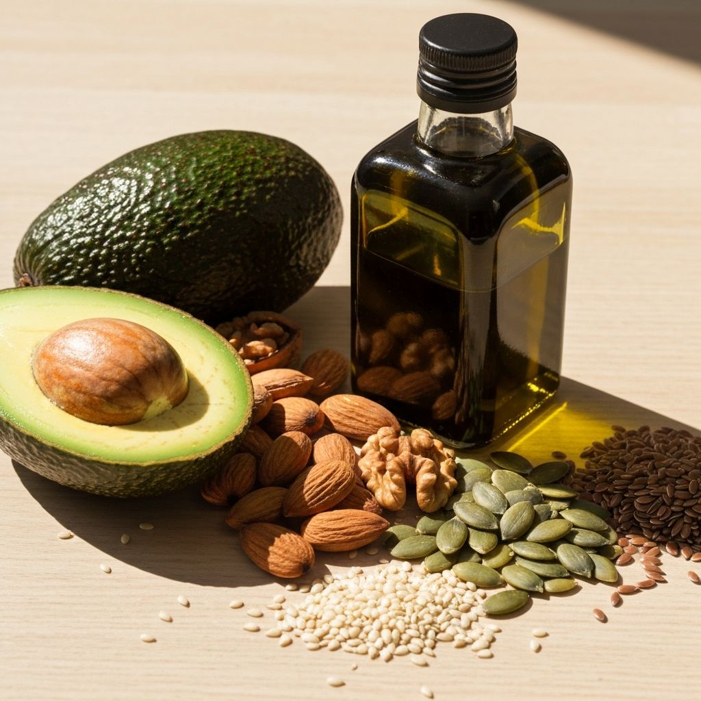 Healthy fat sources including avocado and nuts